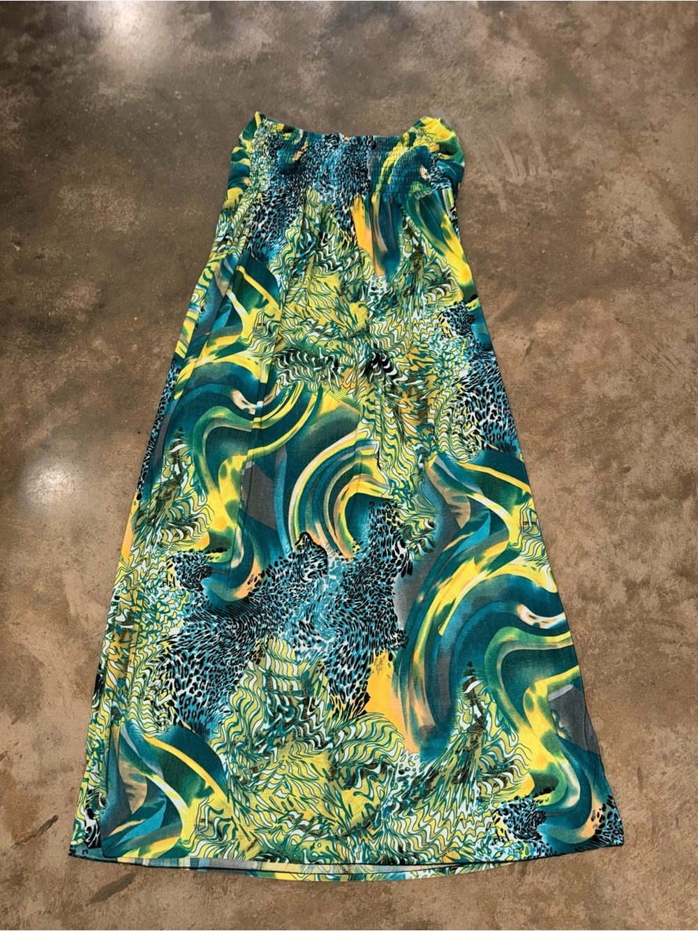 Silk Blend Strapless Tropical Midi Dress Teal Yellow Size M - Picture 2 of 8